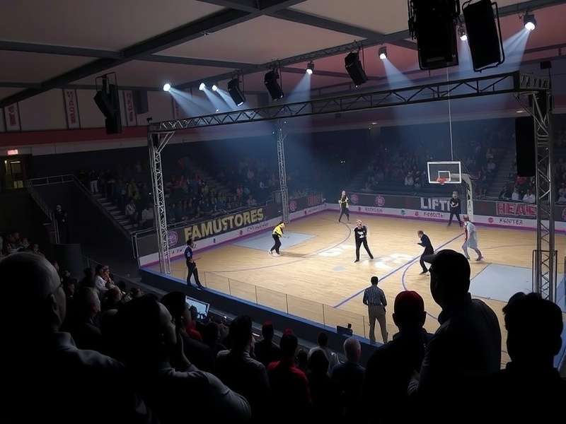 Firozpur Flyers national tournament with players competing on stage in front of a large crowd